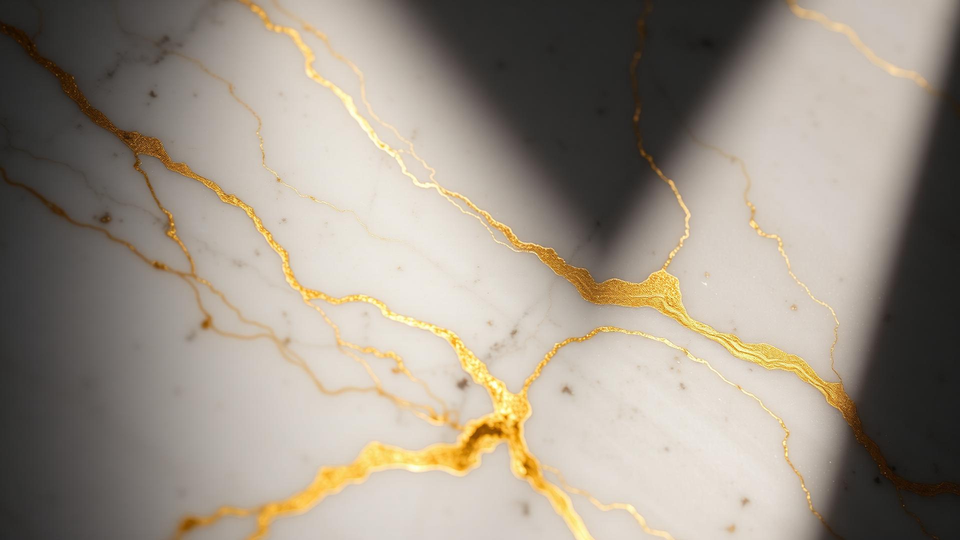 Detail of book-matched Calacatta marble with golden veining